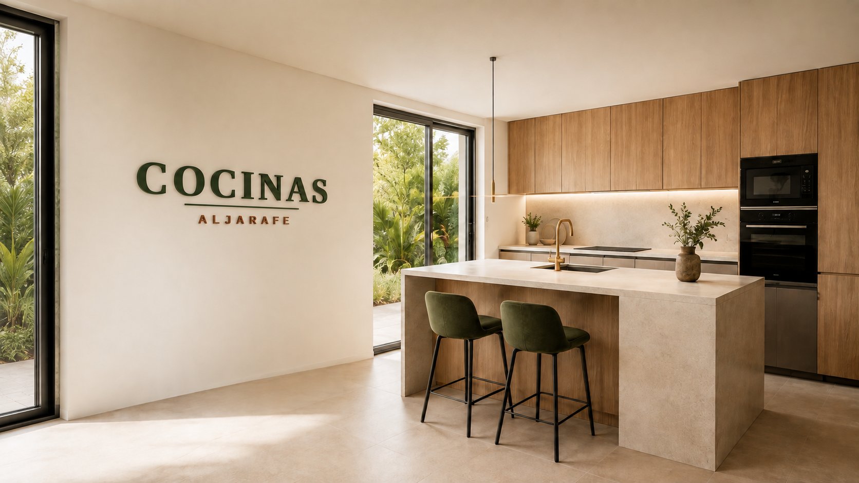 Cocina a medida fabricada por Cocinas Aljarafe, con isla central en tono claro y muebles en madera natural