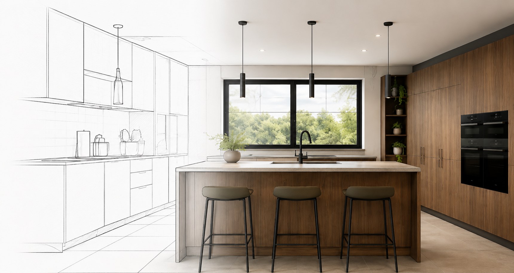 Boceto 3D de una cocina transformándose en la cocina real ya fabricada e instalada